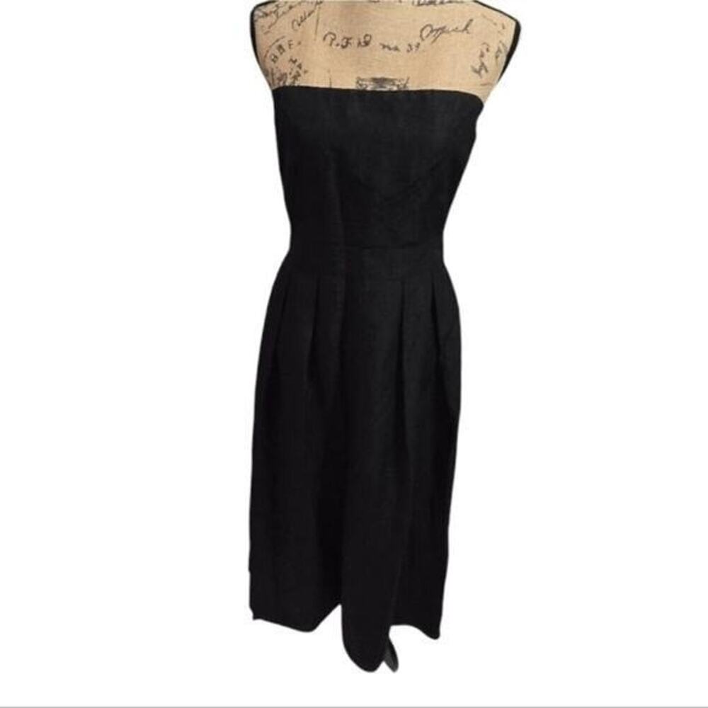 Lafayette 148 New York Black Silk Linen Strapless Pleated Midi Dress Size 6